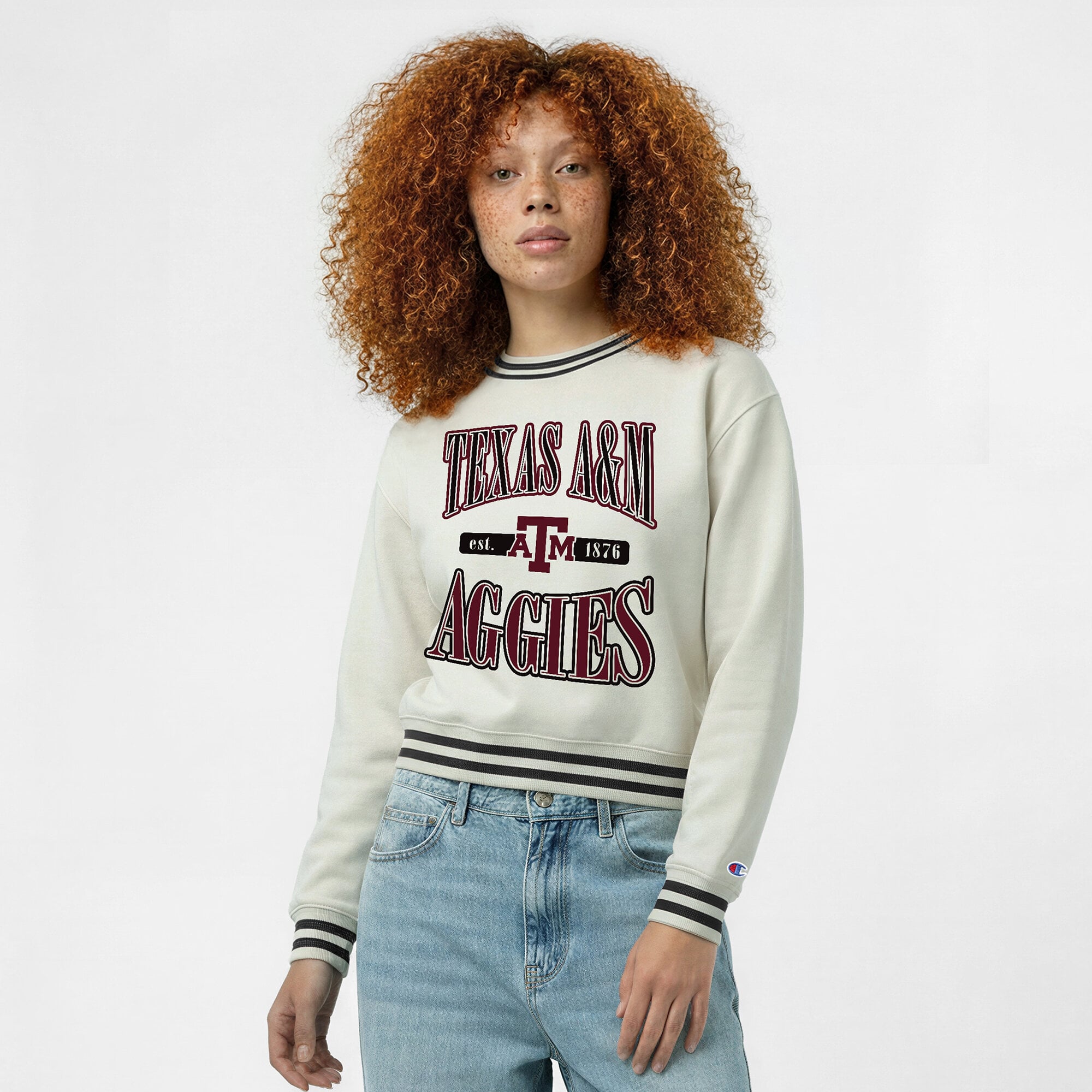 Women's Champion  White Texas A&M Aggies Yarn Dye Rib Reverse Weave Crew Sweatshirt